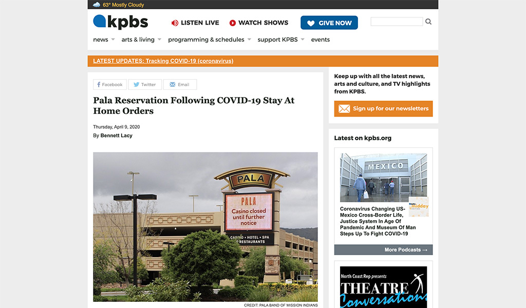 Pala Band California News Article KPBS COVID-19 Outbreak