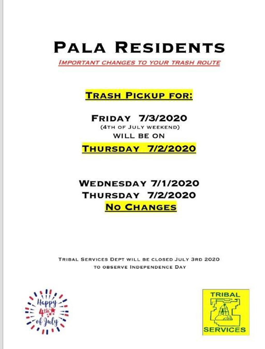 Pala Band of Mission Indians Trash Route Schedule