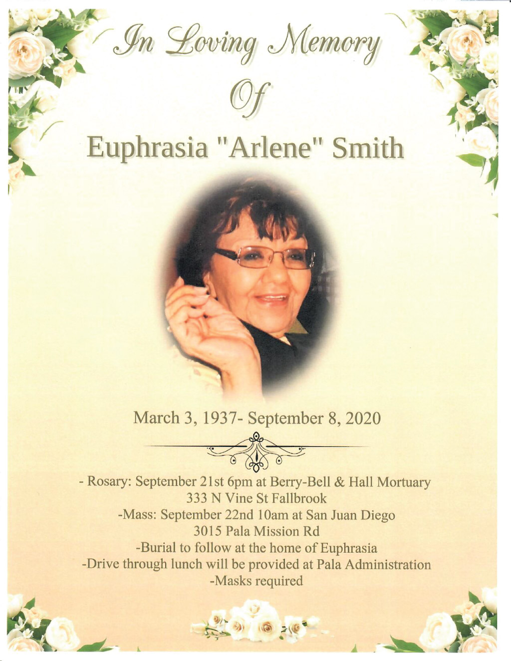 Pala Band of Mission Indians In Memoriam Euphrasia Arlene Smith