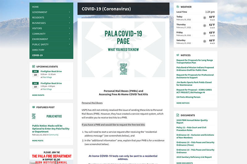 Pala Band of Mission Indians PBMI California Coronavirus Covid-19 Outbreak Page PMB Testing Kits