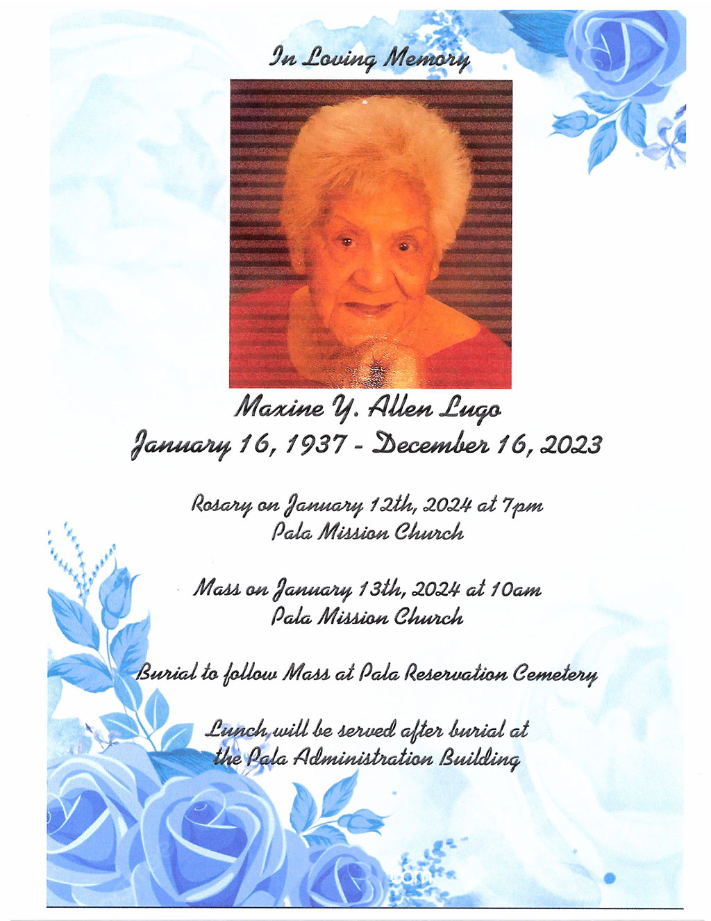 Pala Band of Mission Indians PBMI In Memoriam Maxine Y. Allen Lugo