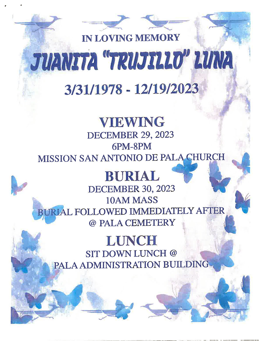 Pala Band of Mission Indians PBMI In Memoriam Juanita Lyn (Trujillo) Luna