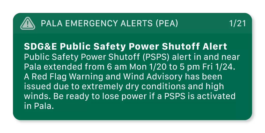 Pala Band of Mission Indians Pala PED Pala Environmental Emergency Alert System January 2025 SDGE Public Safety Power Shutoff